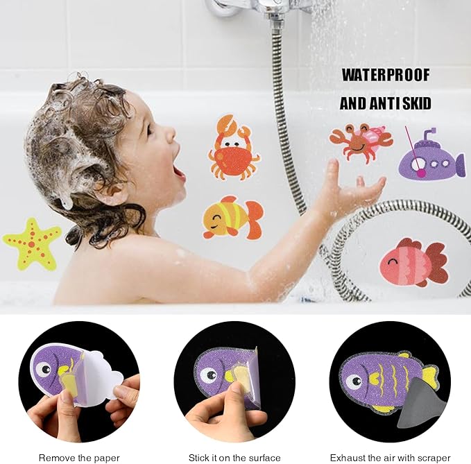 Non Slip Bathtub Stickers, 20pcs Submarine Sea Creature Adhesive Kids Anti Slip Decal Threads for Shower and Bath Tub with Premium Scraper