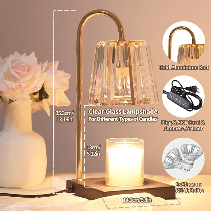 Candle Warmer Lamp With 2 Bulbs, Timer & Dimmer 7-Levels, Top Melting Compatible Jar Candles, Glass Heater for Scented Wax, Home Decor Gift for Mom (Clear)