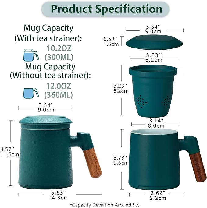 ZENS Tea Cup With Infuser and Lid, 12oz Green Mug for Loose Leaf Steeper, Wood Handle With Fine Strainers Hot Diffusers, Ceramic Mugs Accessories for Lovers Gifts