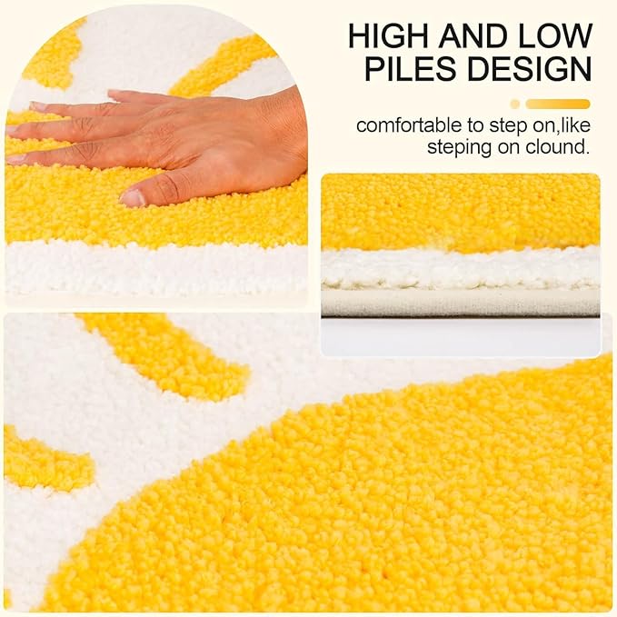 Bathroom Rugs Mat Half Circle - 35"x22" Large Cute Sun White Yellow Boho Bath Mats Non Slip, Soft Absorbent Microfiber Bohemian Rug, Semi Round Machine Washable Rubber Rugs for Floor Bedroom Bathmat