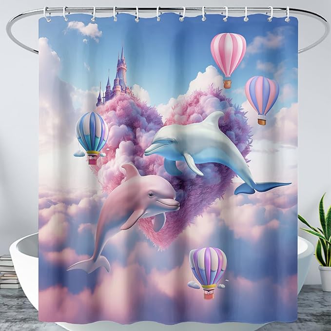 AILONEN Cute Dolphin Shower Curtain,Romantic Pink Sky Clouds Hearts Print Bath Curtain,Blue and Pink Dolphin Shower Curtain Waterproof for Bathroom Decor with 12 Plastic Hooks, 60" W*72" H