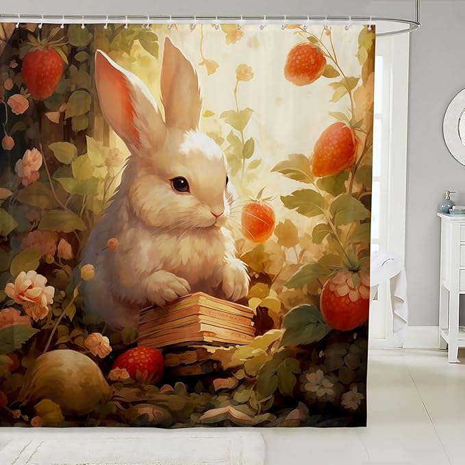Feelyou Rabbit Fabric Shower Curtain Cute Cartoon Rabbit Shower Curtain for Teens Funny Bunny Bathroom Waterproof Accessories with 12 Hooks Kawaii Animal Curtains,72x72 Inches