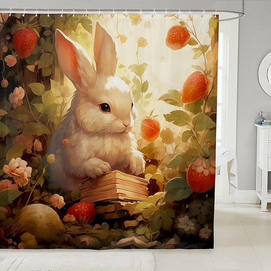 Feelyou Rabbit Fabric Shower Curtain Cute Cartoon Rabbit Shower Curtain for Teens Funny Bunny Bathroom Waterproof Accessories with 12 Hooks Kawaii Animal Curtains,72x78 Inches