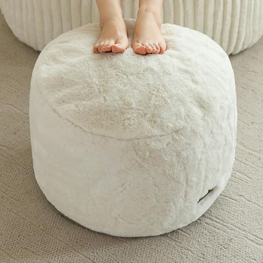 HIGOGOGO Pouf Stuffed Ottoman Round Modern Foam Filled Foot Rest Chair Decorative Poufs 26 x 18 Inches Fluffy Boho Comfy Stool for Living Room, Beige