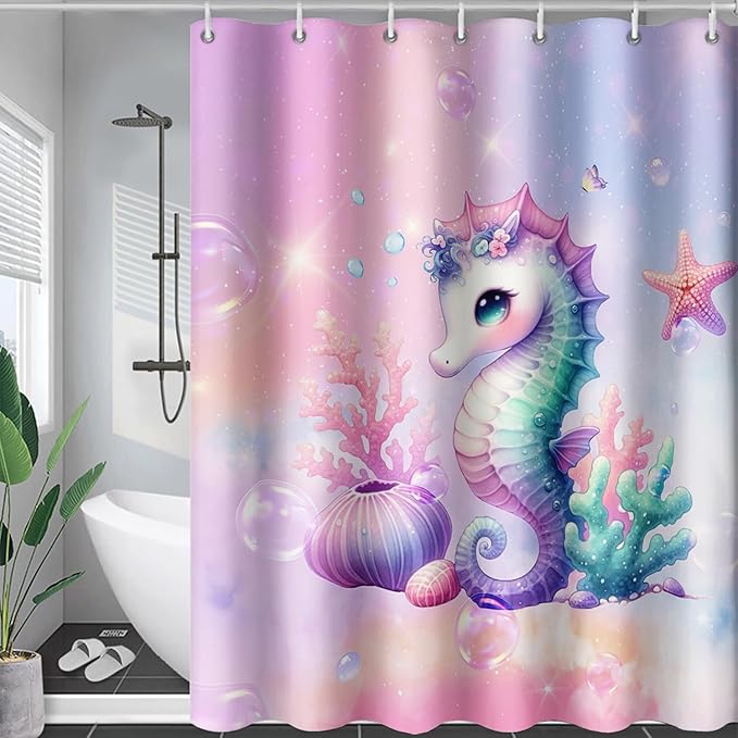AILONEN Cute Seahorse Shower Curtain for Kids Girls,Rainbow Seahorse Bath Curtain,Ocean Coral Starfish Kawaii Shower Curtain Waterproof for Bathroom Decor with 12 Plastic Hooks, 72" W*96" H