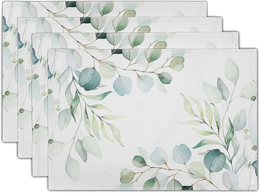 Sage Green Placemats Set of 4 Washable Non-Slip Heat Resistant 12×18 Inch Spring Watercolor Eucalyptus Leaves Thick Place Mats Decorative Linen Fabric Table Mat for Dining Table Kitchen Home Decor
