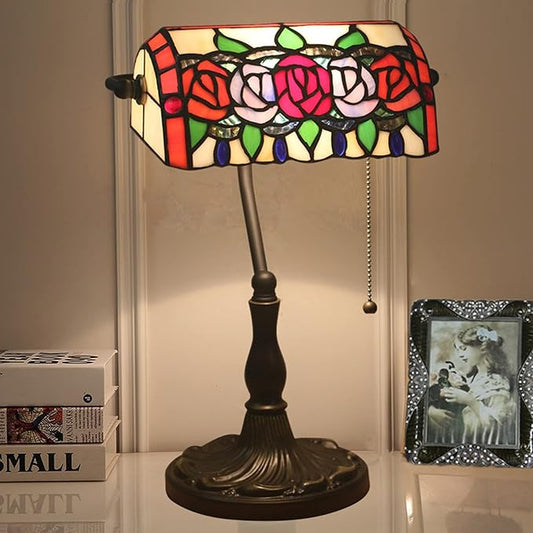 Tiffany Style Bankers Table Lamp Stained Glass Piano Desk Lamp Vintage Bedroom Bedside Lamp for Study,Antique Alloy Base,Zipper Switch,Rose a