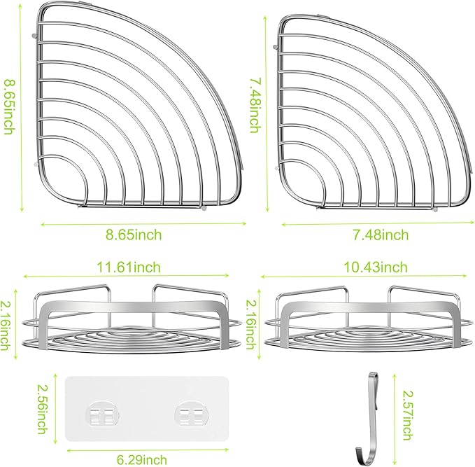 STEUGO 2 Pack Shower Caddy Corner, Bathroom Corner Shower Shelfs, Adhesive Wall Mounted Shower Caddy with 4 Movable Hooks, No Drilling Shower Shelf, Stainless Steel Silver.