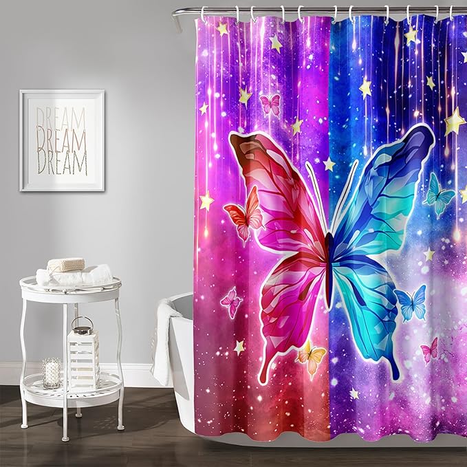 AILONEN Butterfly Shower Curtain,Red and Blue Butterfly Bath Curtain,Tie Dye Starry Rainbow Modern Decorative Shower Curtain with 12 Plastic Hooks (Kids/Girls/Women/Teen/) 72" W*72" H