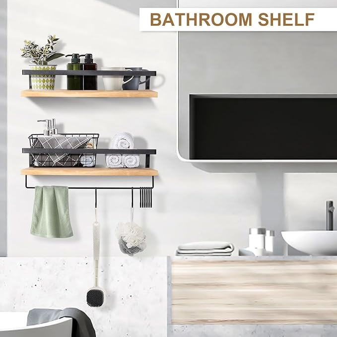 AGM Floating Shelves, Bathroom Shelf Set of 2, Wall Storage Shelf with Towel Bar & 8 Hooks, Wall Mounted Shelves for Bathroom, Bedroom, Kitchen, Living Room Decor
