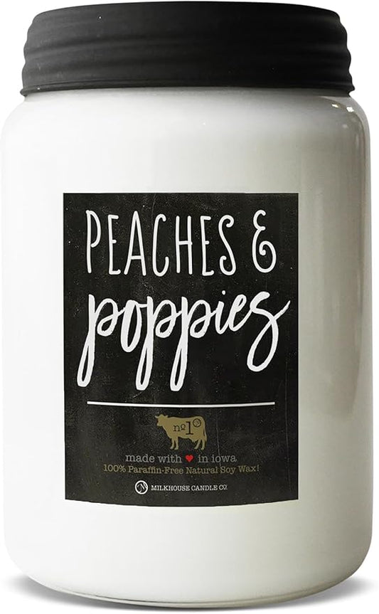 Milkhouse Candle Company, Peaches & Poppies, Farmhouse Collection, Scented Soy Candle, Mason Jar Candle, 26 Ounce