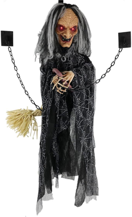 Haunted Hill Farm Animatronic Scary Witch Door Greeter with Touch Activated Lights and Sound, Battery-Operated Indoor or Covered Outdoor Halloween Decoration
