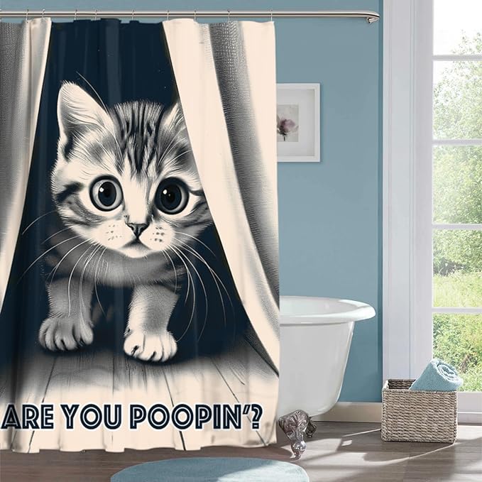 Funny Cat Shower Curtain Cute Animal Shower Curtains for Bathroom Decor are You Poopin' Humorous Joke Waterproof Polyester Fabric Bathroom Curtain with Hooks 66x72 Inch