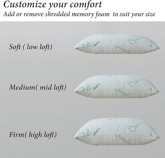 Shredded Memory Foam Pillows Set of 1, Cooling Zippered Breathable Memory Foam Bed Pillow for Sleeping 1 Pack, Queen Size Firm Pillow Gel for Neck Support, Hotel Quality Rest Pillow 20" x 30" Queen