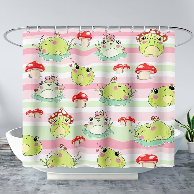 AILONEN Cute Frog Shower Curtain, Cartoon Mushroom Frog Printed Shower Curtain, 48" W*72" H Waterproof Green Wild Animals Kawaii Curtain with Grommets and 12 Hooks
