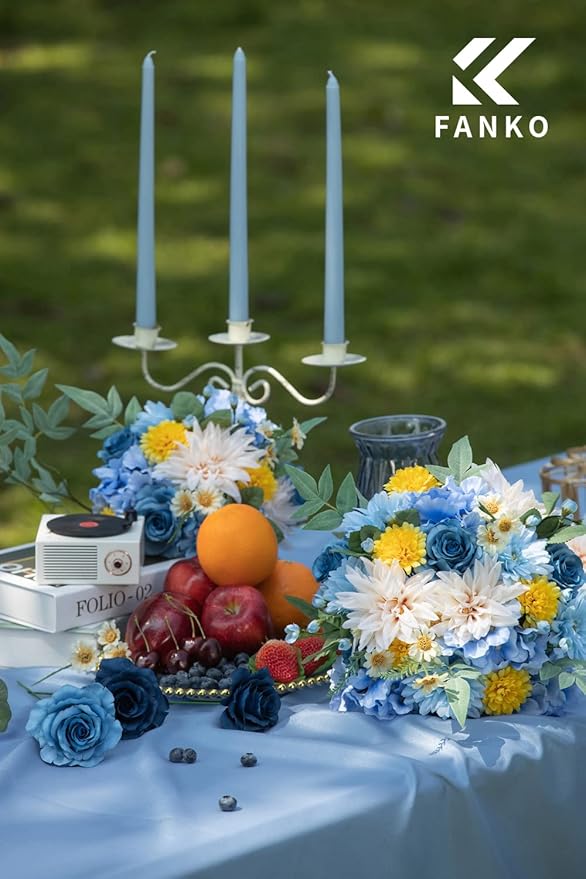 FANKO Rose Artificial Flowers Combo for DIY, Fake Blue Rose Artificial Silk Flowers with Greenery, Real Looking Artificial Faux Flowers for Wedding, Table Decoration, Centerpieces, Party, Home Décor