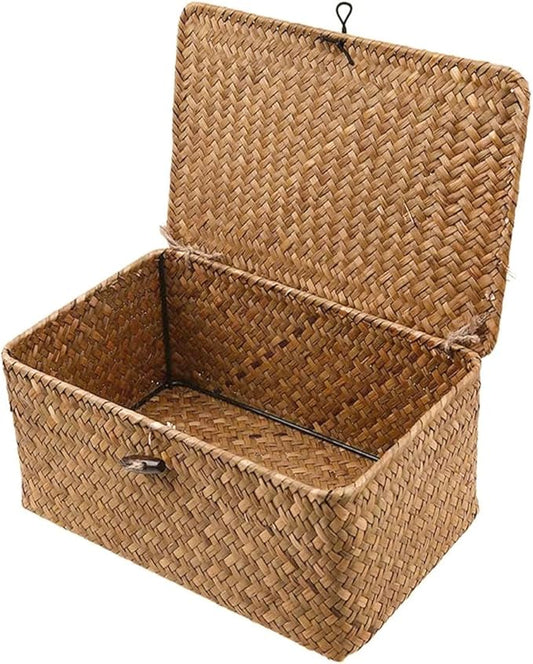 Wicker Storage Basket with Lid, Seagrass Storage Bins with Lids, Rectangular Handwoven Shelf Baskets with Lid for Home Organizer, Rattan Decorative Box for Clothes, Groceries, Snacks (S)