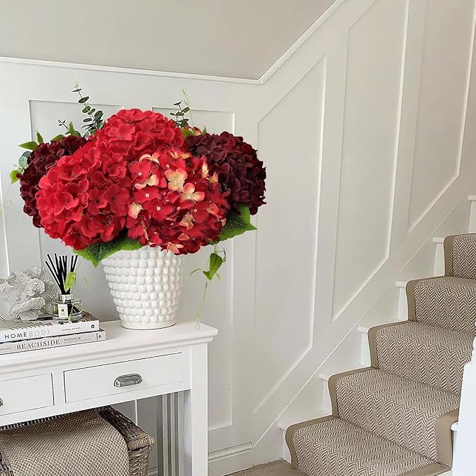 5Pcs Red Silk Hydrangea Artificial Flowers, 20Inch Large Halloween Christmas Lifelike Flowers for Indoor Bouquet Table Centerpieces Floral Arrangements Home Wedding Home
