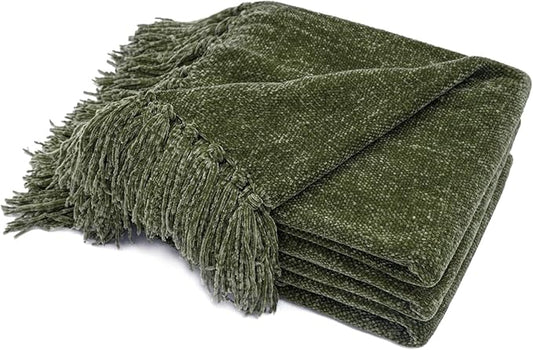 EVERGRACE Soft Chenille Throw Blanket for Couch, Cozy Plush Fuzzy Decorative Chenille Knit Throw Blanket with Tassels, Lightweight Blanket and Throws for Bed Sofa Gift Home Decor, Olive Green 60"x80"