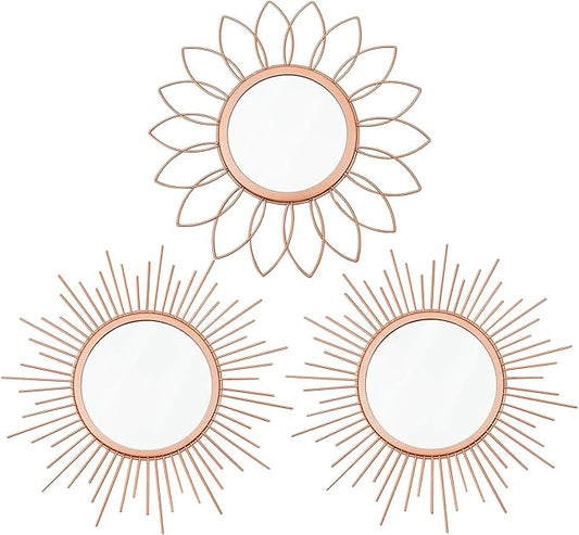 3 Pack Metal Mirrors for Wall Sunburst Wall Mirrors Home Décor Decorative Hanging Wall Art for Living Room Bedroom Entryway (Rose Gold, Flower+Sunburst)