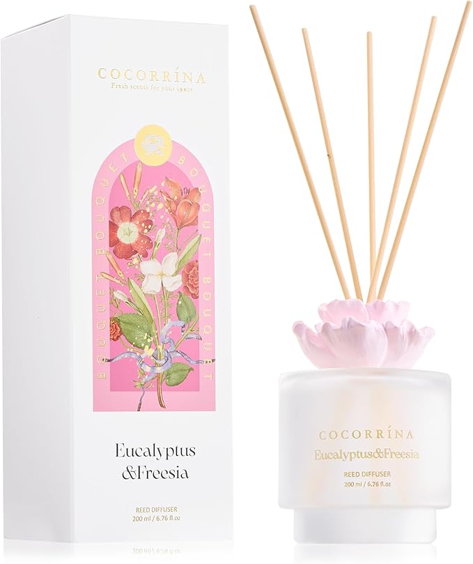 Cocorrina Gypsum Flower Reed Diffuser Set for Bathroom Décor – Eucalyptus & Freesia Scent, 6.76 oz with Sticks & Oil – Home Fragrance for Bathroom & Living Space
