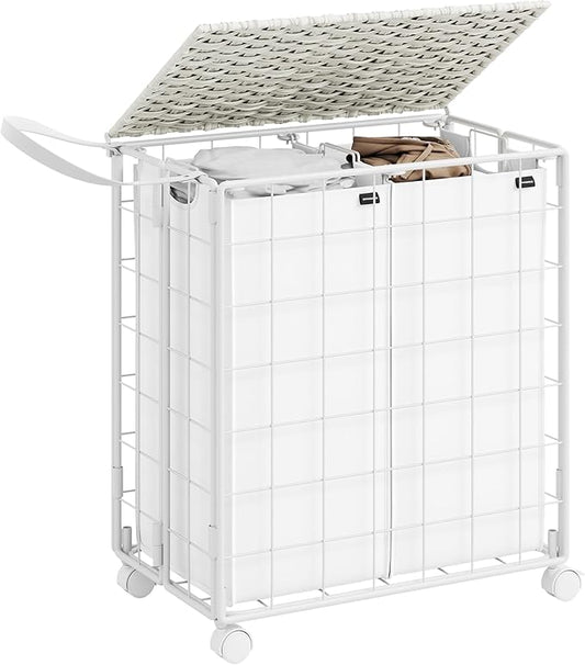 SONGMICS Laundry Hamper, 110L Laundry Basket with Lid, Clothes Hamper with Wheels, Collapsible Removable Liner Bag, Iron-Made Laundry Sorter, Cloud White ULCB211W01