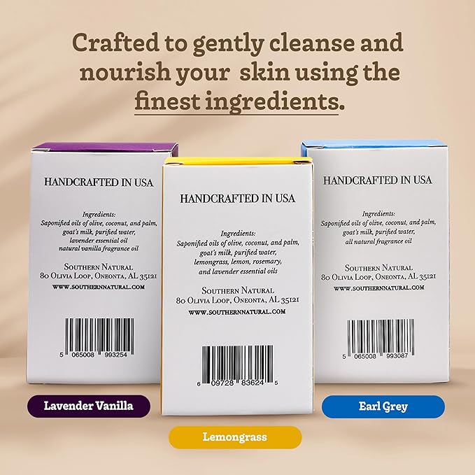 Southern Natural Goat Milk Soap Bar (Variety 3 Pack) Lavender Vanilla, Lemongrass, Earl Grey - For Dry Sensitive Skin. Handmade Natural Soap For Face & Body.(Each Bar 4-4.5 oz)