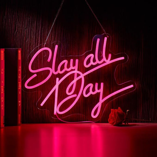 Slay All Day Neon Sign for Wall Décor Dimmable LED Neon Light USB Powered Neon Art signs for Pub Store Man Cave Party(17X13inches,Pink)