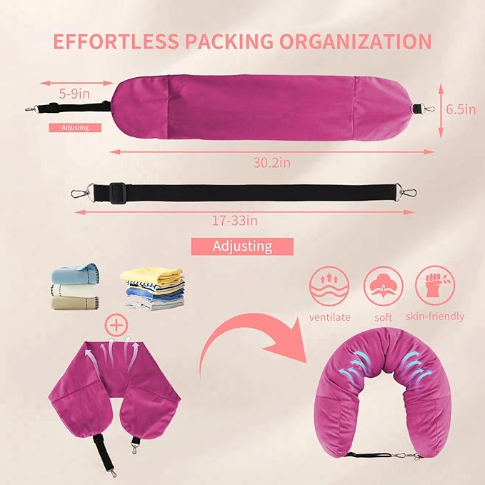 Stuffable Travel Pillow for Extra Luggage, Travel Neck Pillow Stuffable with Clothes, Stuffable Neck Pillow for Travel, Velvet Travel Neck Pillow Storage Bag, Fillable Luggage Pillow (Strong Pink)