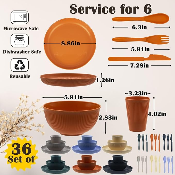 Wheat Straw Dinnerware Set, 36pcs Dishes Plates and Bowls Sets, Service for 6, Reusable Dinnerware Set Kitchen Cups Plates and Bowls Sets