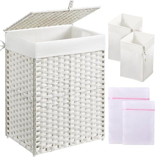 Greenstell Laundry Hamper with Lid, 90L Clothes Hamper with 2 Removable Liner Bags & 2 Mesh Laundry Bags, Handwoven Synthetic Rattan Laundry Basket for Clothes, Toys in Bathroom, Bedroom White