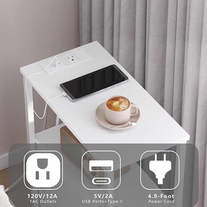 TUTOTAK Small Narrow End Table with Charging Station, Set of 2, Side Table with Outlets, Nightstand with 2 Cloth Drawers, Couch Table, for Living Room, Bedroom, Bedside, White TB01BW055