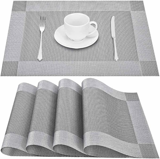 GIVERARE Placemats Set of 4, Heat-Resistant Woven Vinyl Placemat, Non-Slip Washable PVC Table Mat, Easy to Clean Premium Plastic Mats for Dining, Kitchen Table (Silver+Gray)