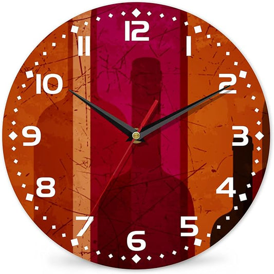 Clock for Living Room, Abstract Wine Wall Clock Vintage Wooden Wall Clock Silent Non-Ticking Battery Operated Arabic Numerals Wall Clocks Decorative for Kitchen, Office, Classroom 10 Inch