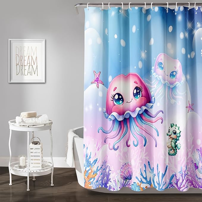 AILONEN Jellyfish Shower Curtain, Cute Jellyfish Starfish Seahorse Coral Pink Bath Curtain,Ocean Theme Shower Curtain 48" W*72" H Polyester Waterproof Bathroom Curtain with 12 Hooks