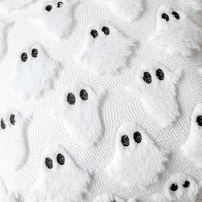 4TH Emotion Halloween Ghost Decorative Lumbar Pillow Covers 12x20 Set of 2, White Soft Plush Faux Fur Farmhouse Throw Cushion Cases for Fall Autumn Holiday Home Decorations