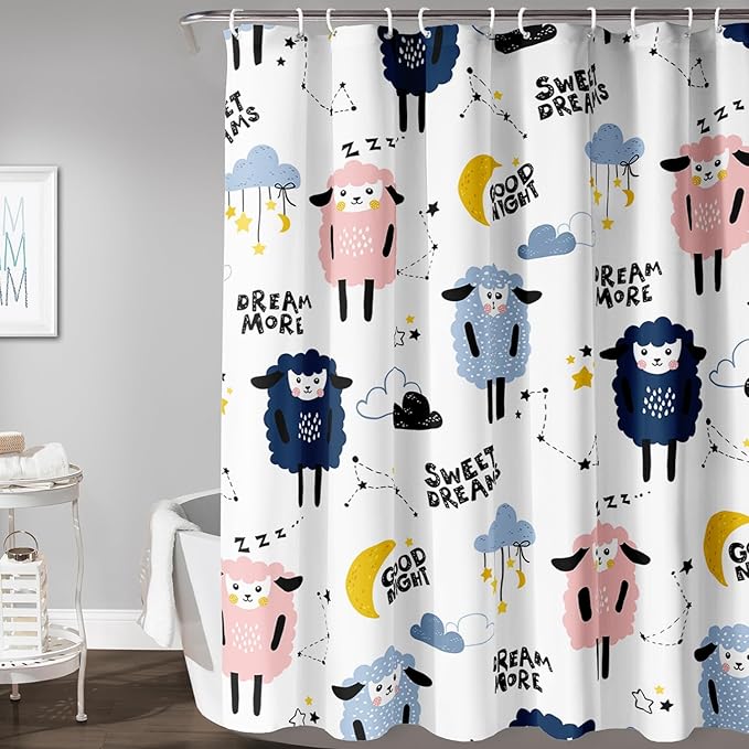 AILONEN Cute Sheep Shower Curtain for Bathroom,Constellation Star Clouds Printed Bath Curtain,Blue Pink Sheep Kids Curtain Waterproof with 2 Plastic Hooks 72" W*72" H