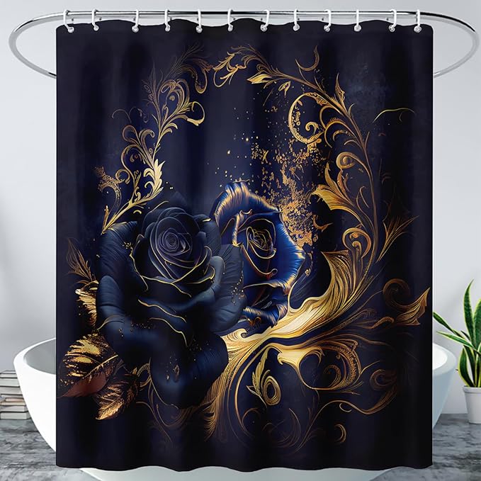 AILONEN Blue Rose Shower Curtain 72"W*96"H for Bathroom,Mystic Blue Gold Flower Glitter Rose Print Bath Curtain,Girls Women Teen Adults Bath Curtain Polyester Waterproof Shower Curtain With 12 Hooks