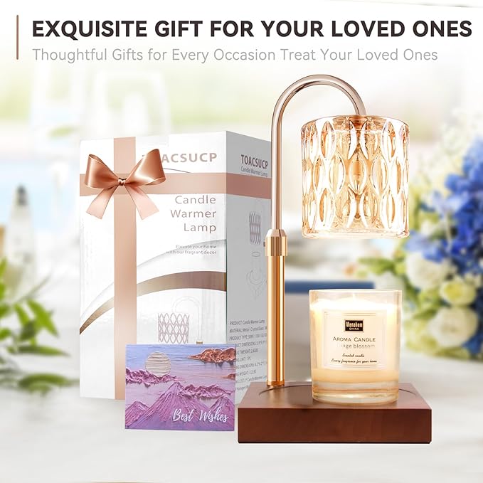 Candle Warmer Lamp with 3 Bulbs, Adjustable Height Dimmable Candle Warmer with Timer, Compatible with Large Jar Candles, Candle Lamp with Charming Gift Box Ribbon for Her/Him(Walnut)