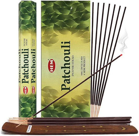 TRUMIRI Patchouli Incense Sticks and Incense Stick Holder Bundle: 1 Set of 6 Packets, 120 Pieces, 6 Incenses per Packet