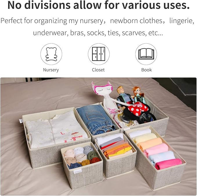 Criusia Underwear Drawer Organizer, 6 Set Foldable Underwear Drawer Organizer and Closet Dividers,Storage Box for Clothes, Socks, Underwear (6 Bins, Beige)