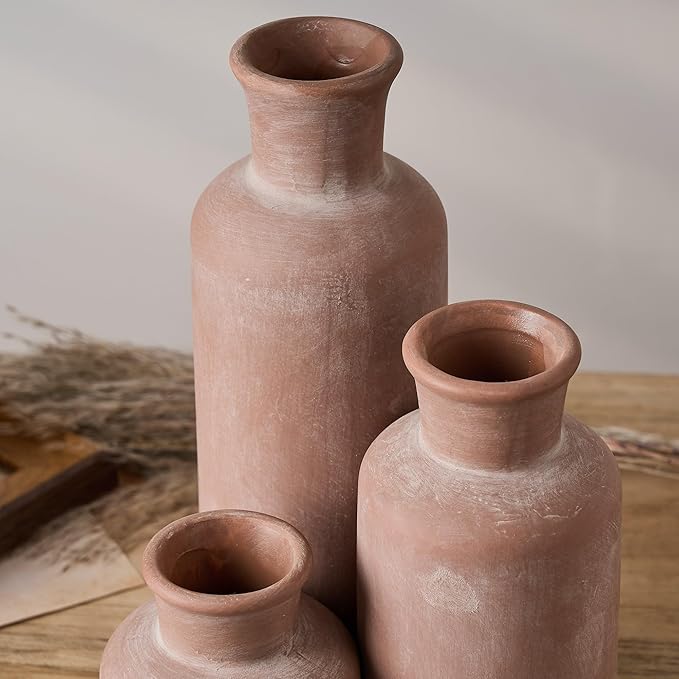 SIDUCAL Ceramic Rustic Farmhouse Vase Set of 3, Whitewashed Terracotta Vases, Clay Decorative Vases for Home Decor, Living Room, Shelf, Mantel Decoration(Brick-red)