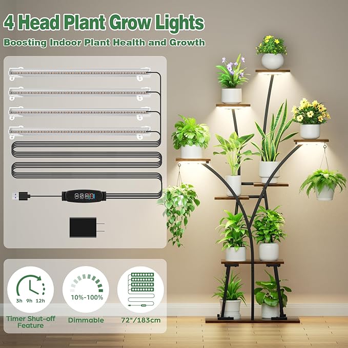 Plant Stand Indoor with Grow Lights, 8-Tiered Large Plant Shelf for Indoor Plants, 63" Tall Plant Tree-Shape Display Rack for Patio, Balcony, Home Decor