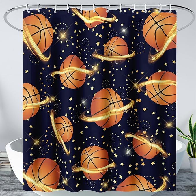 AILONEN Sports Basketball Shower Curtain for Bathroom, Space Planet Ball Print Bath Curtain,Yellow Star Basketball Kids Boys Bathroom Decor Waterproof 36" W*72" H Inch with 12 Plastic Hooks