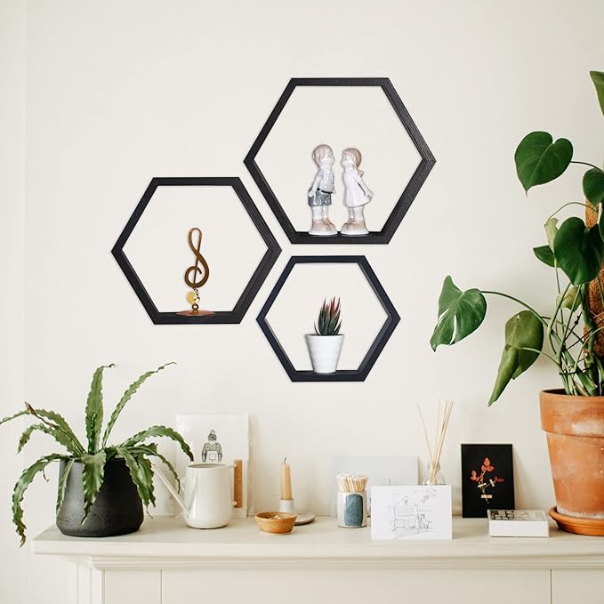PHOENANCEE Hexagon Floating Shelves,Honeycomb Shelves Set of 3,Wall Mounted Wood Farmhouse Hexagonal Storage Wall Shelf for Bathroom, Kitchen, Bedroom, Living Room