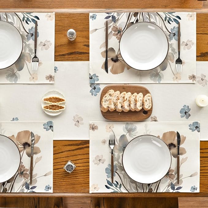 Artoid Mode Brown Poppy Floral Leaves Fall Placemats Set of 4, 12x18 Inch Seasonal Spring Table Mats for Party Kitchen Dining Decoration