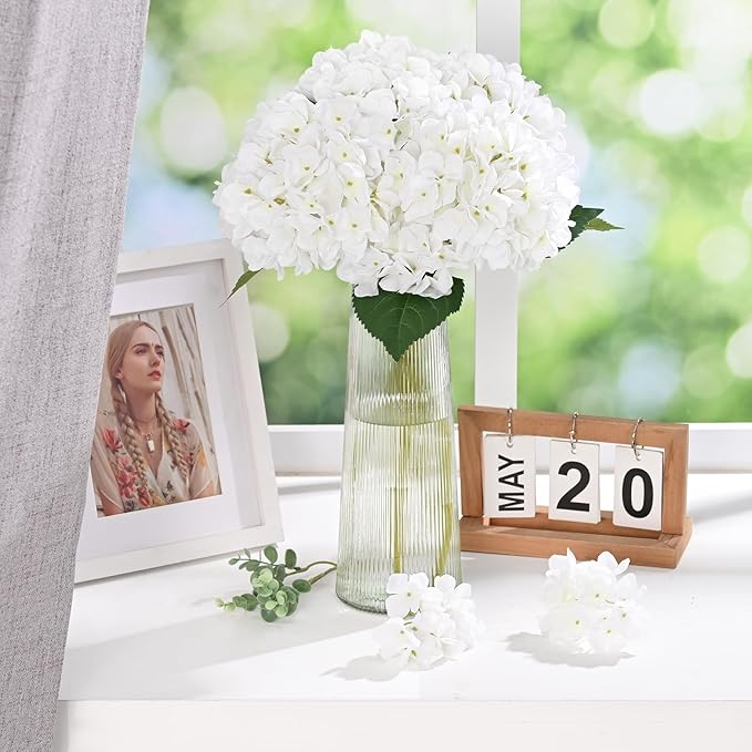 BLEUM CADE 8 Pcs White Hydrangea Artificial Flowers with Stems, 18In Large Fake White Flowers, Faux Hydrangea Flower for Home Decor Spring Wedding Table Centerpieces Decoration