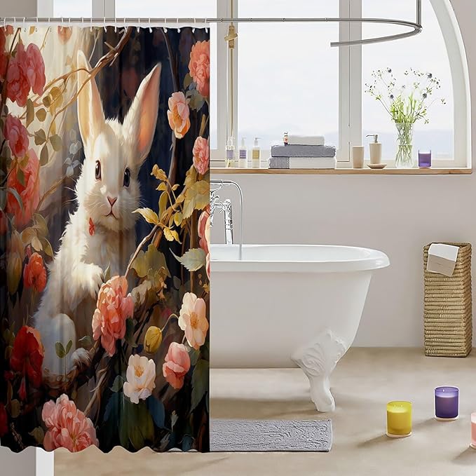 Feelyou Cute Rabbit Fabric Shower Curtain Cute Bunny Shower Curtain for Boys Girls 3D Print Bathroom Waterproof Accessories with 12 Hooks Pink Flower Curtains,72x78 Inches