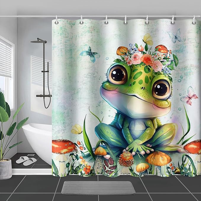AILONEN Cute Frog Shower Curtain Cartoon Animal Wildlife Frog Cartoon Mushroom Minimalist Modern Art Retro Green Shower Curtain Bathroom Decor Curtains with 12 Hooks 72" W*72" H