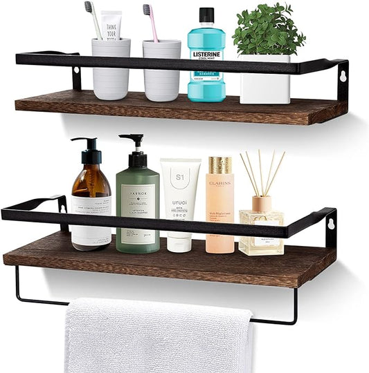 AGM Floating Shelves, Bathroom Floating Shelf Set of 2, Carbonized Black Wall Storage Shelf with Towel Bar, Wall Mounted Shelves for Plants, Book, Bathroom, Bedroom, Kitchen, Living Room Decoration